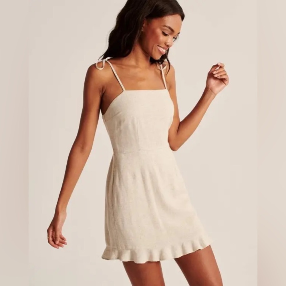 Abercrombie Tie Strap Ruffle Hem Linen Dress (Beige)